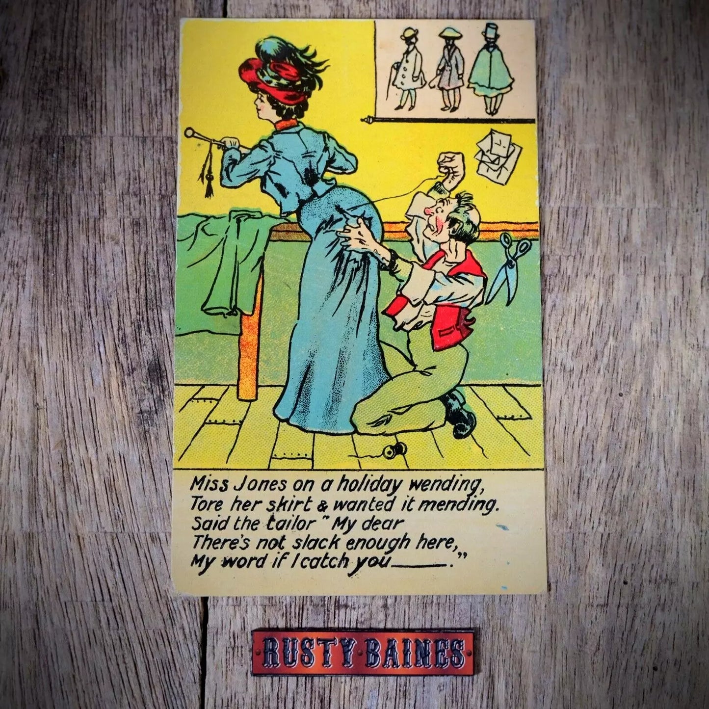 Postcard, Comic, My Word if I Catch You Bending? Tailor, Girl in Dress