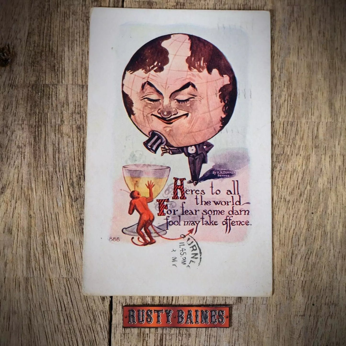 Postcard, Comic, Globe World Map Face, Devil Drink, Alcohol