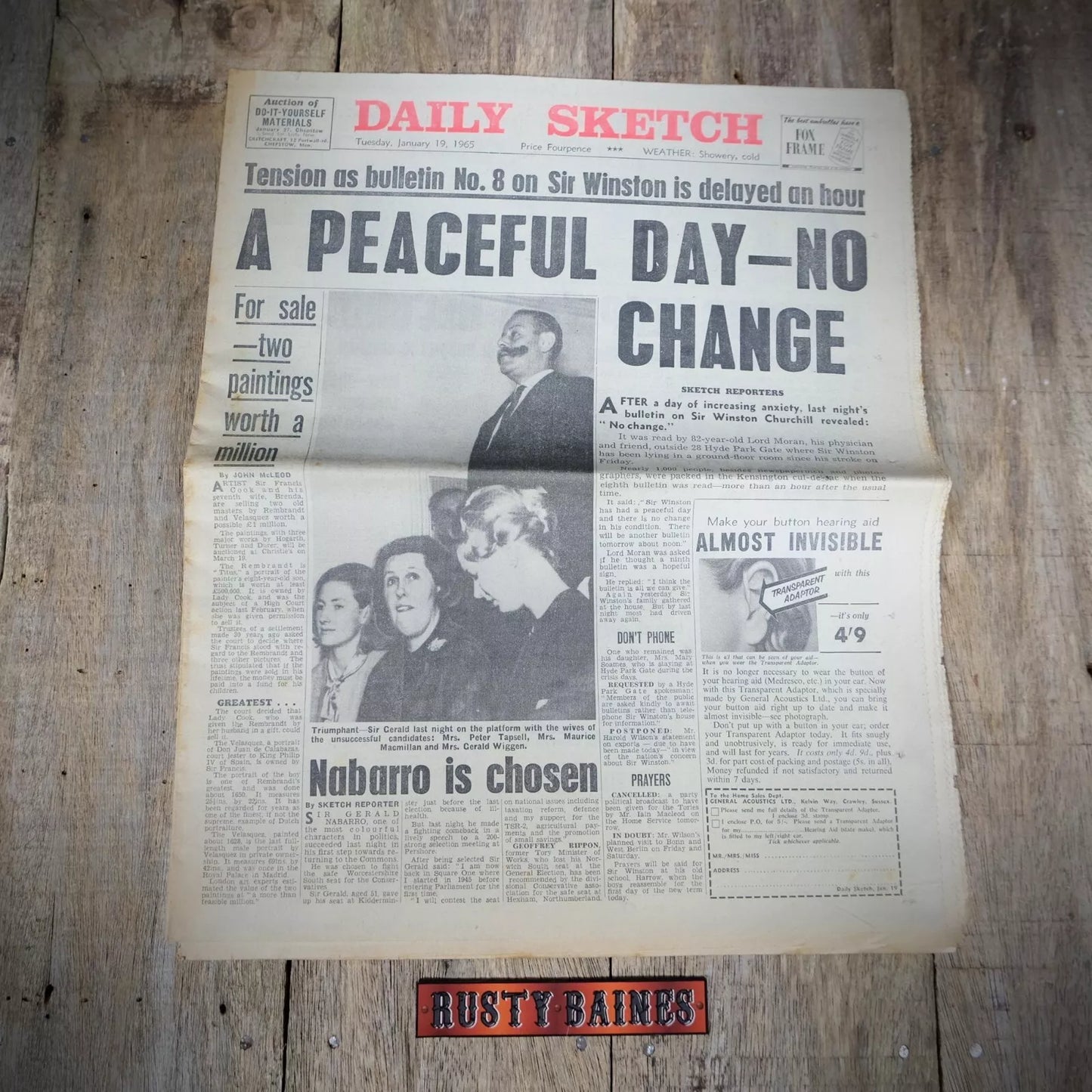 Original Vintage Newspaper, Daily Sketch January 19th 1965 Winston Churchill