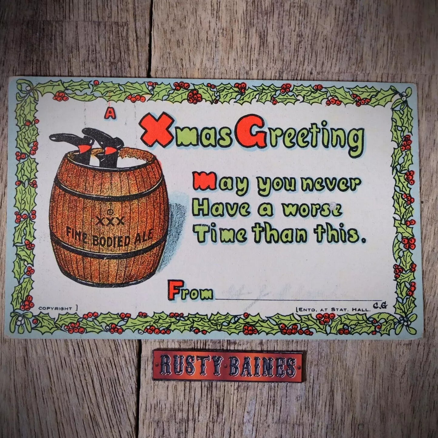 Postcard, Comic, C & H G, Christmas Drunk Man in Ale Beer Barrel