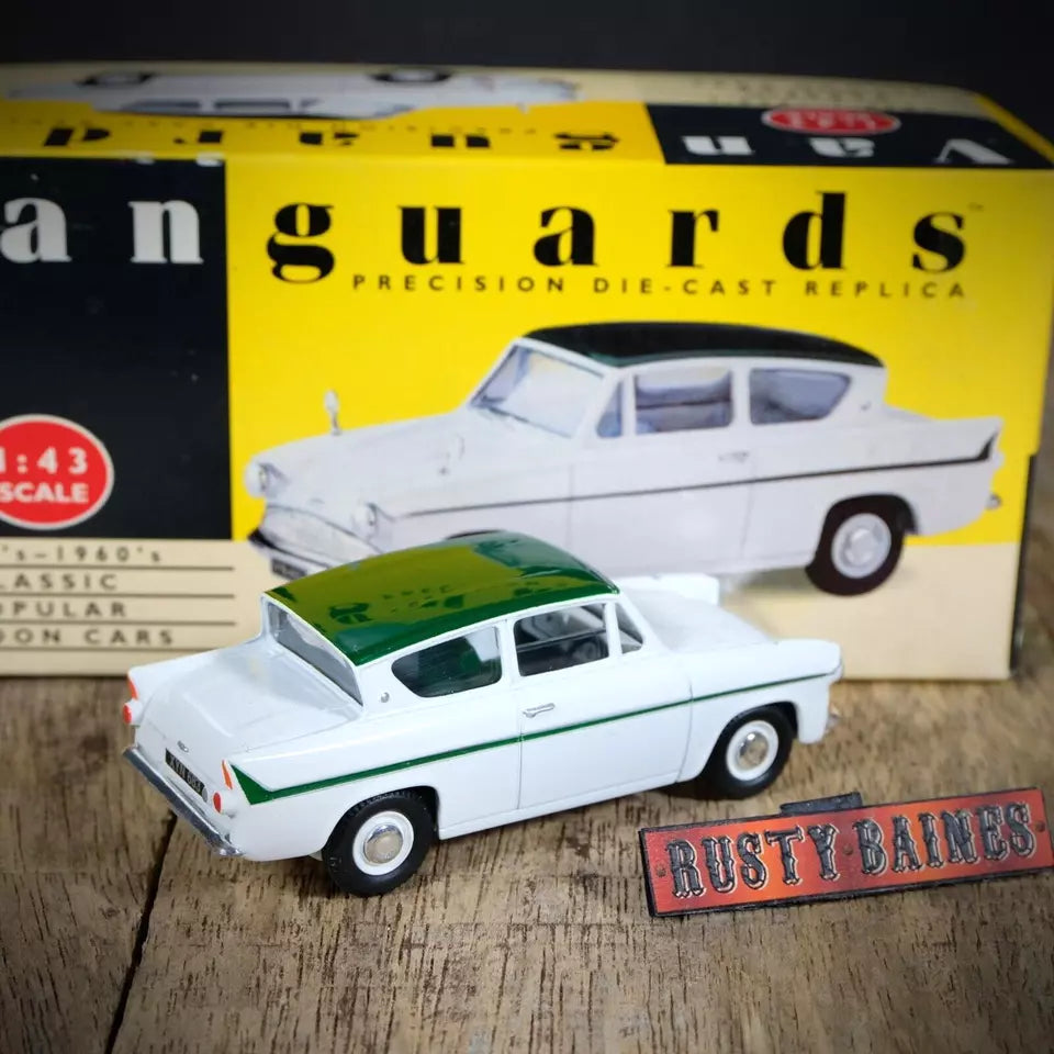 Lledo Vanguards Ford Anglia, White/Green Two-Tone, Boxed