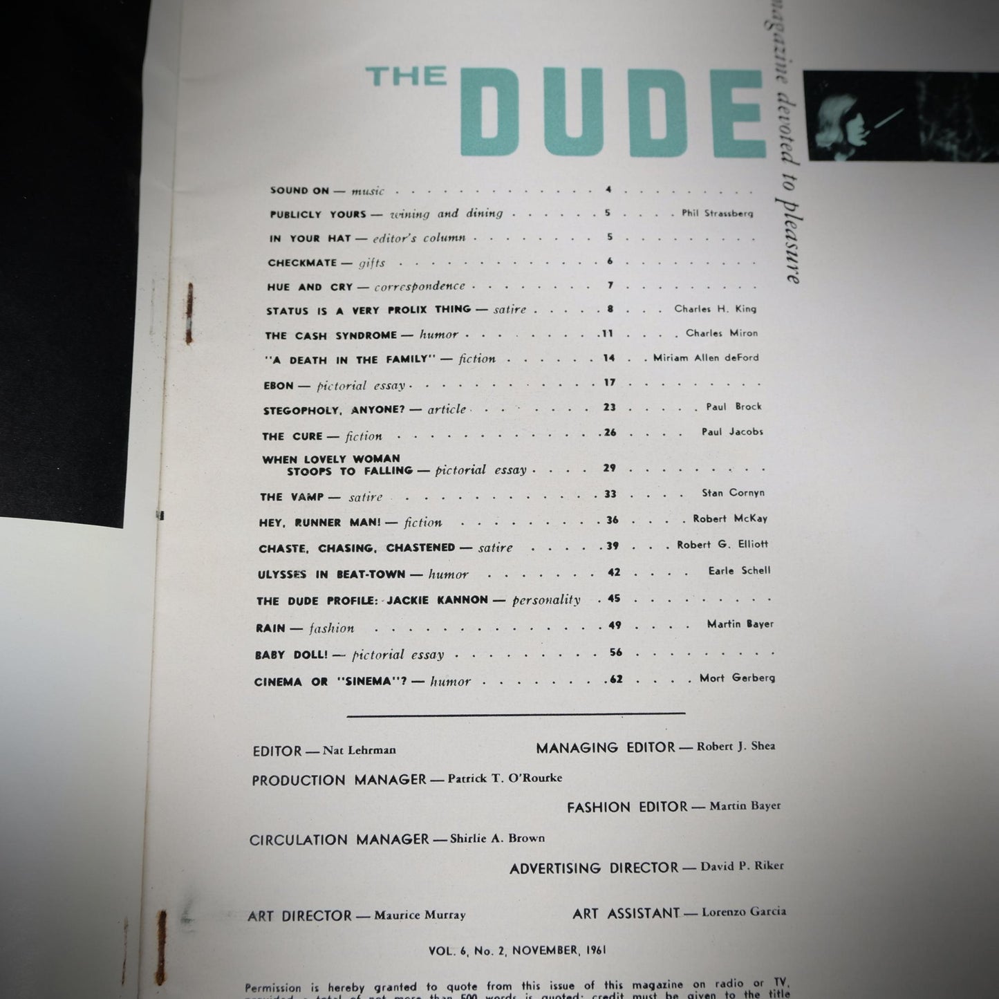 Vintage Men's U.S. Glamour Magazine, The Dude November 1961, Glamour, Stories