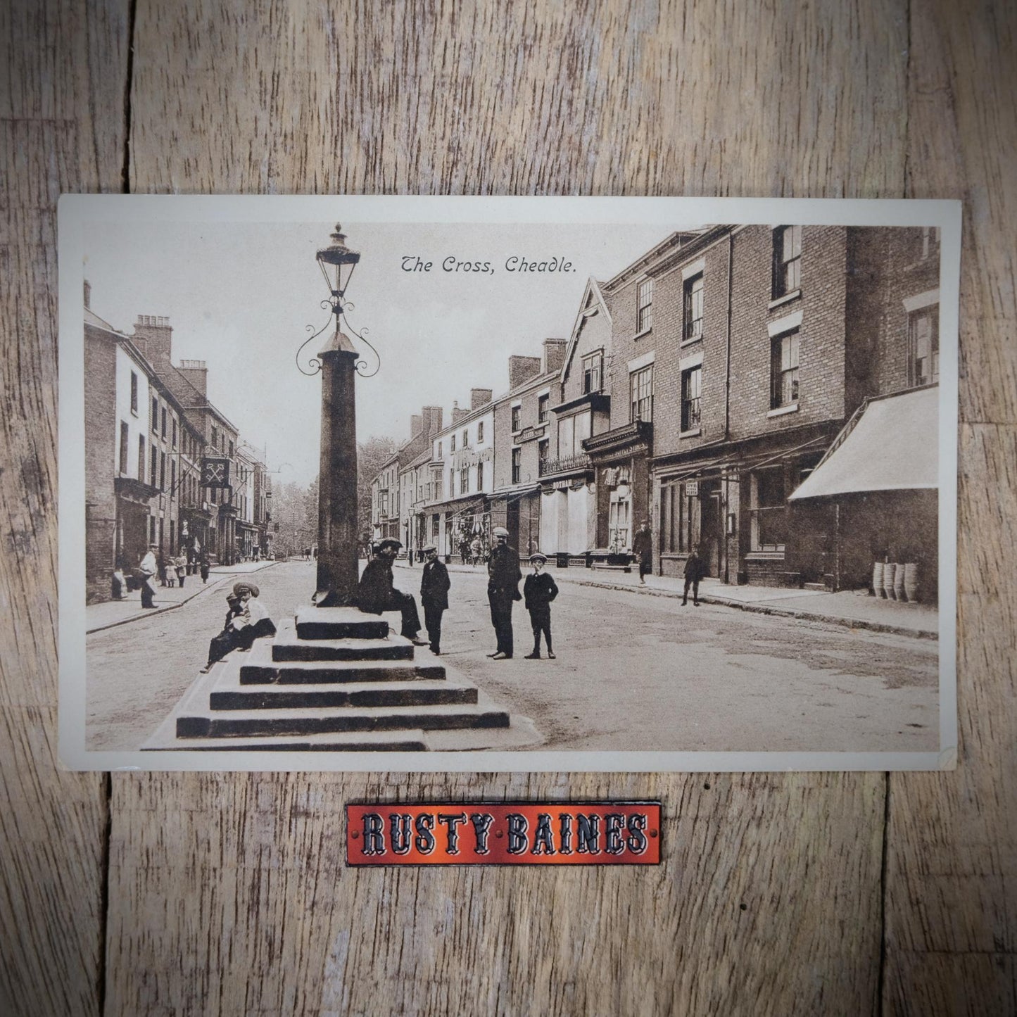 Postcard, Cheadle, The Cross, Shops, Residents Posing, Printed