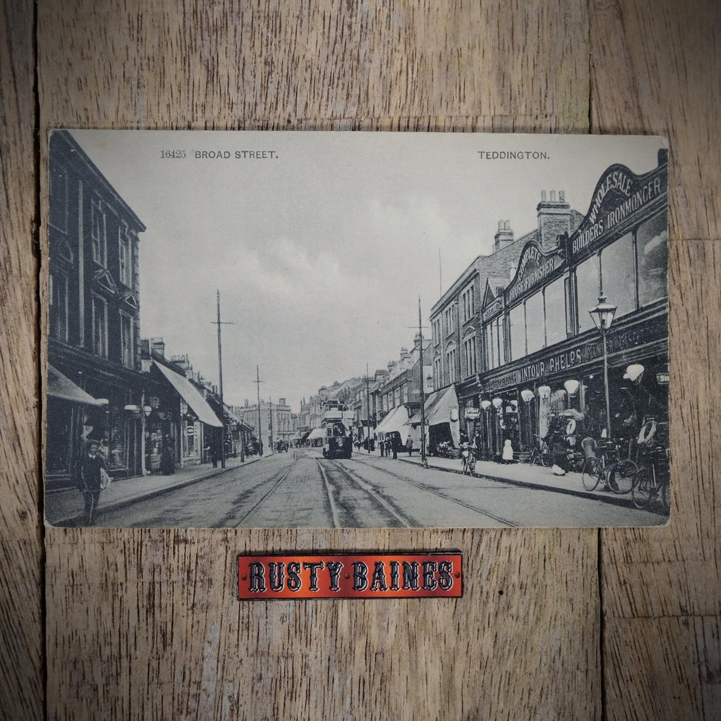Postcard, Teddington Broad Street, Tram, Bicycles, Shops, Printed