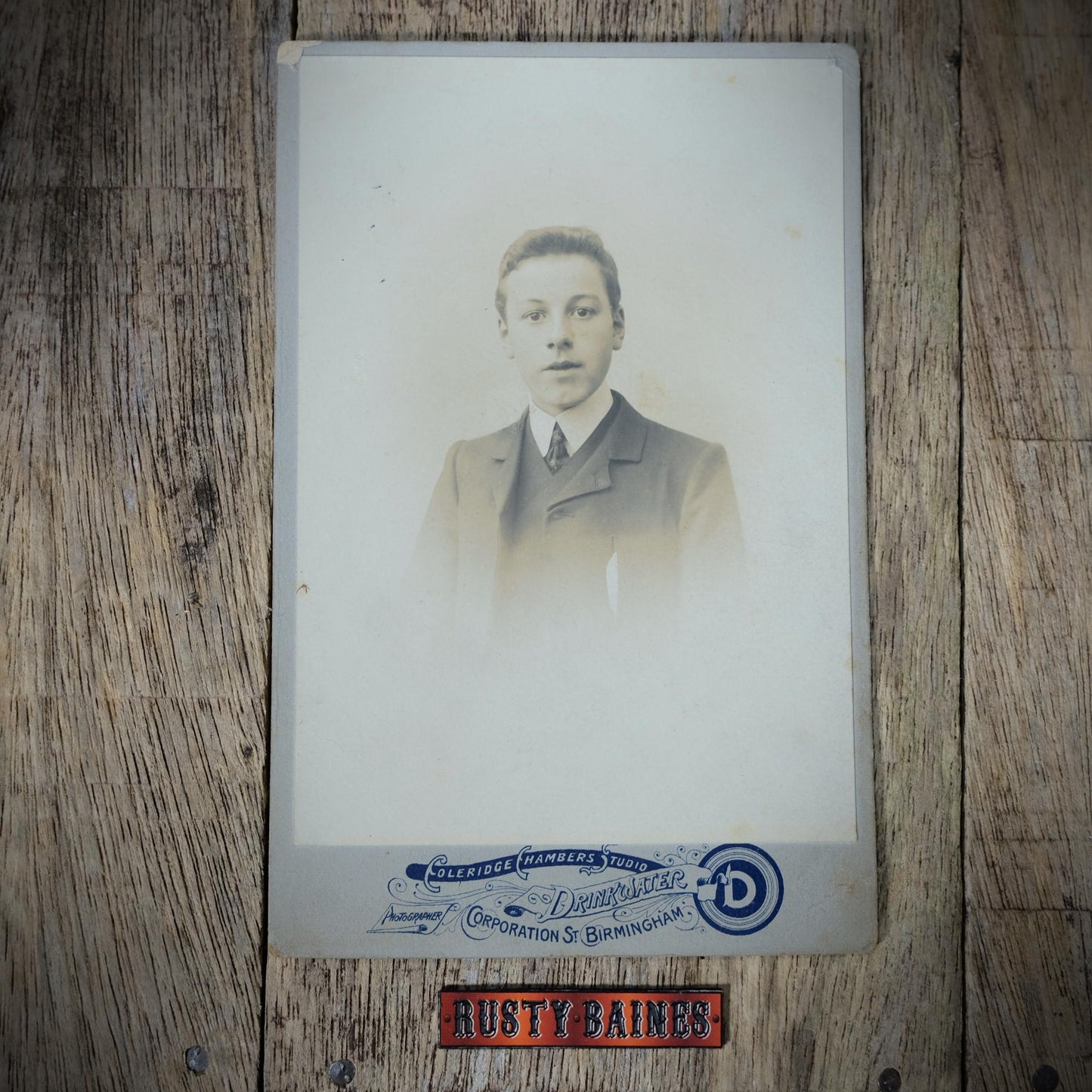 Original Victorian Era Cabinet Photo, Drinkwater Studio of Birmingham, Young Man Portrait