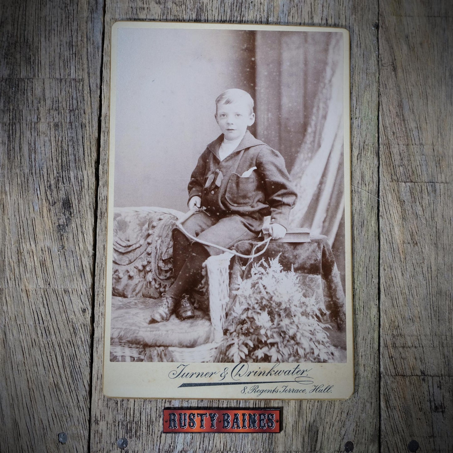 Original Victorian Era Cabinet Photo, Drinkwater Studio of Hull, Boy Portrait, Sailor Style Fashion