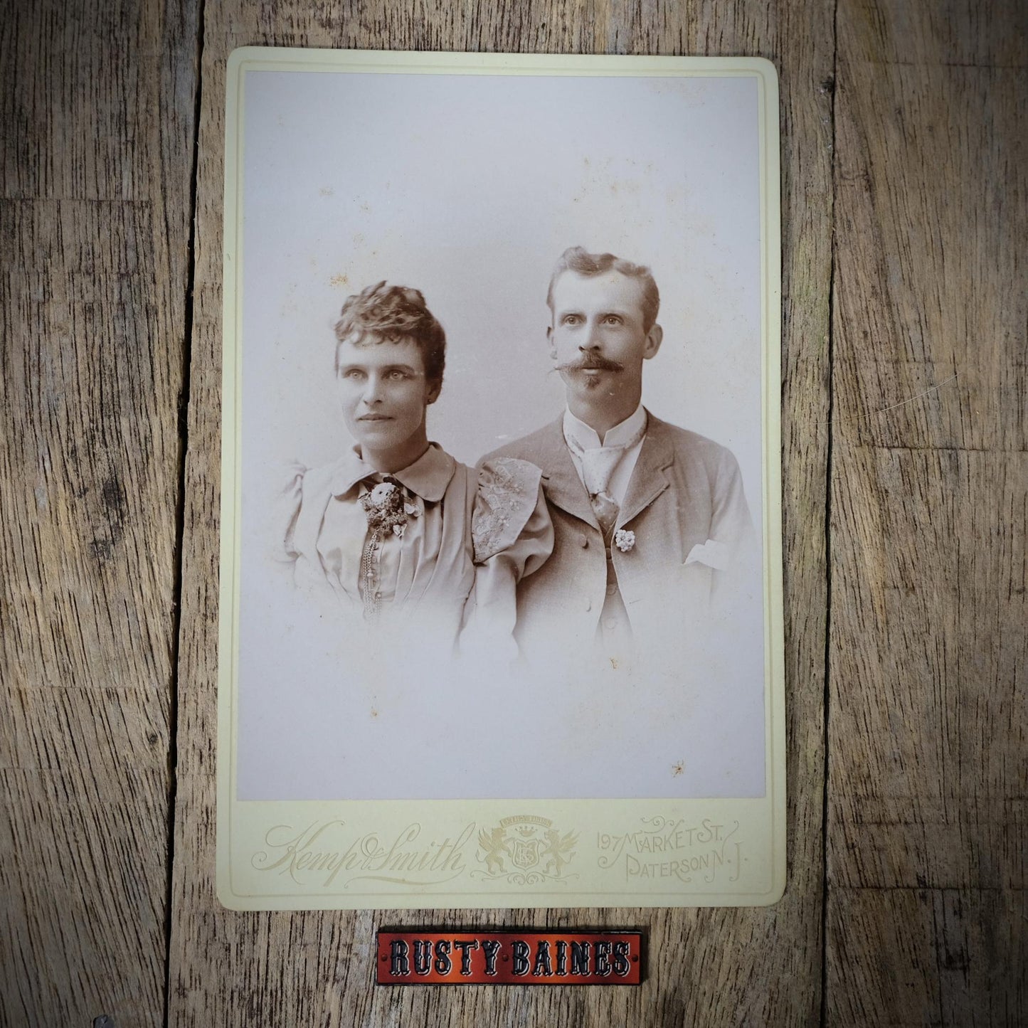 Original Victorian Era Cabinet Photo, Kemp & Smith, Paterson NJ, Handlebar Moustache Man & Wife