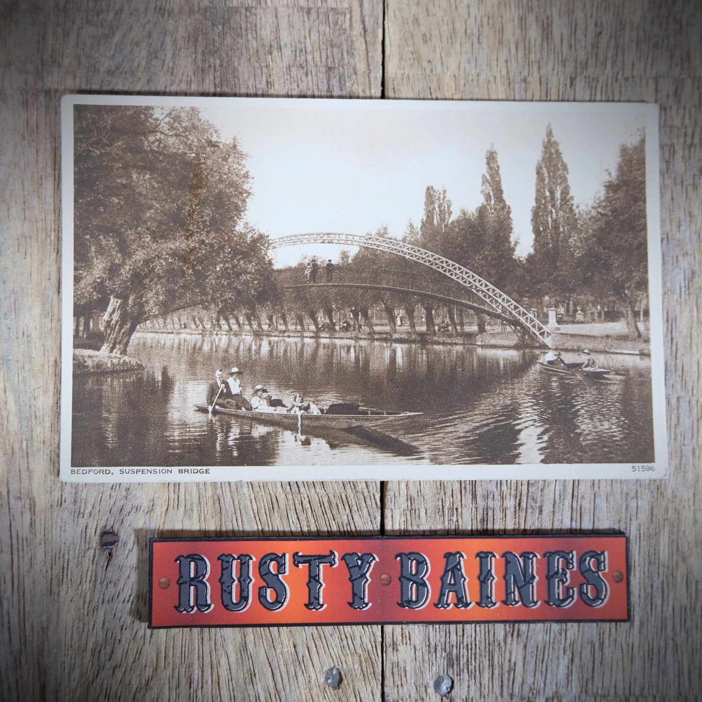 Original Postcard, Bedford Suspension Bridge, Punt Row Boats Family, Printed