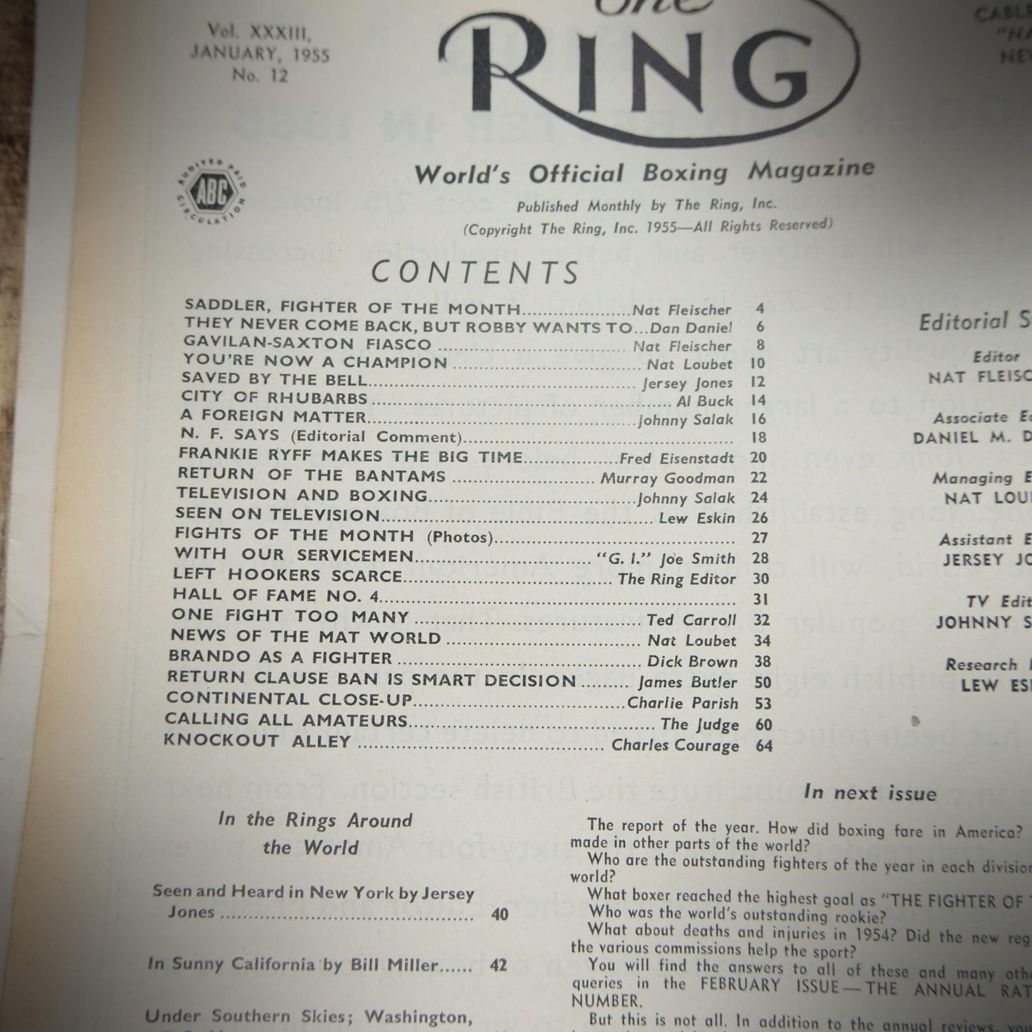 Vintage Boxing Magazine, The Ring January 1955, Frankie Ryff, Johnny Saxton