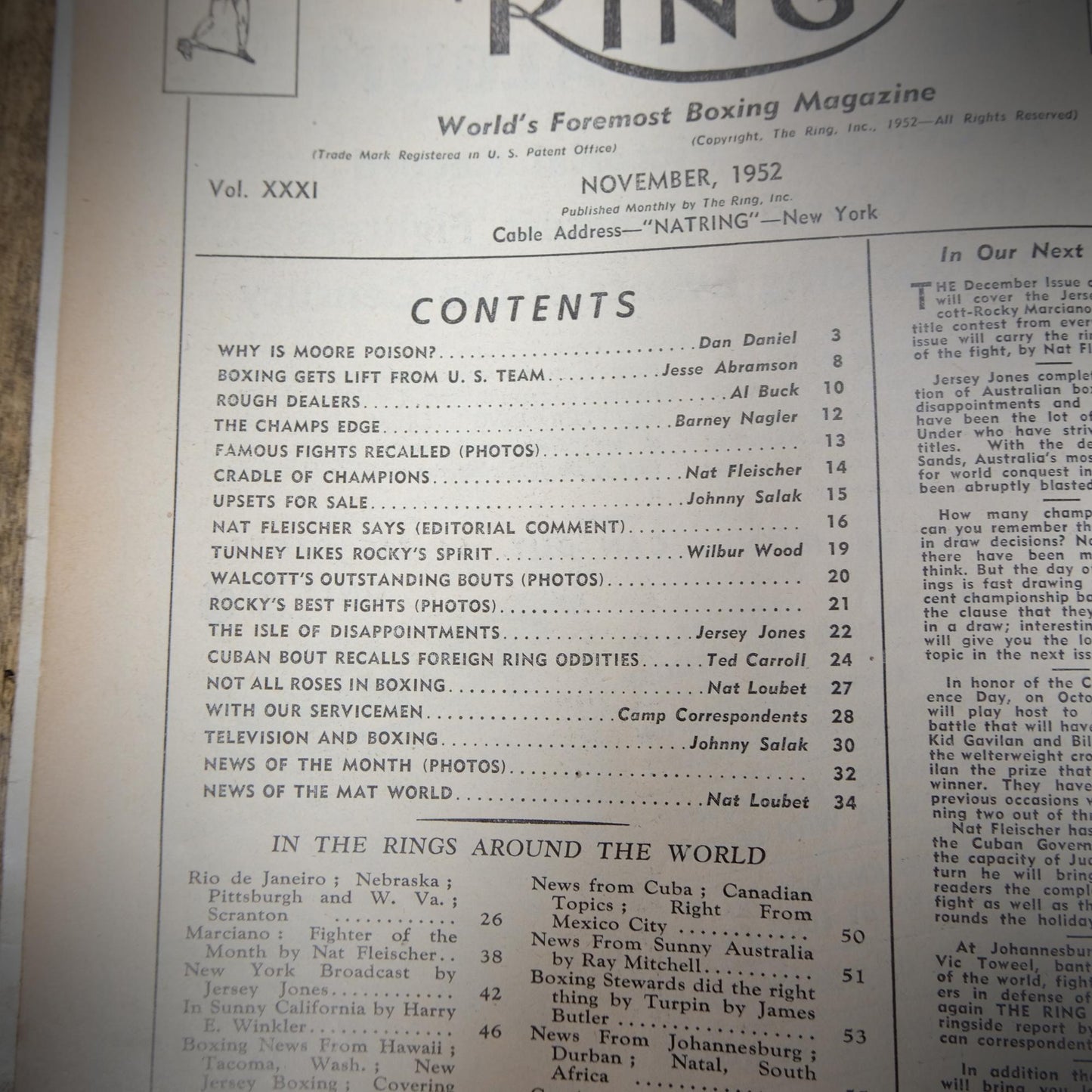 Vintage Boxing Magazine, The Ring November 1952, Rocky Marciano, Archie Moore