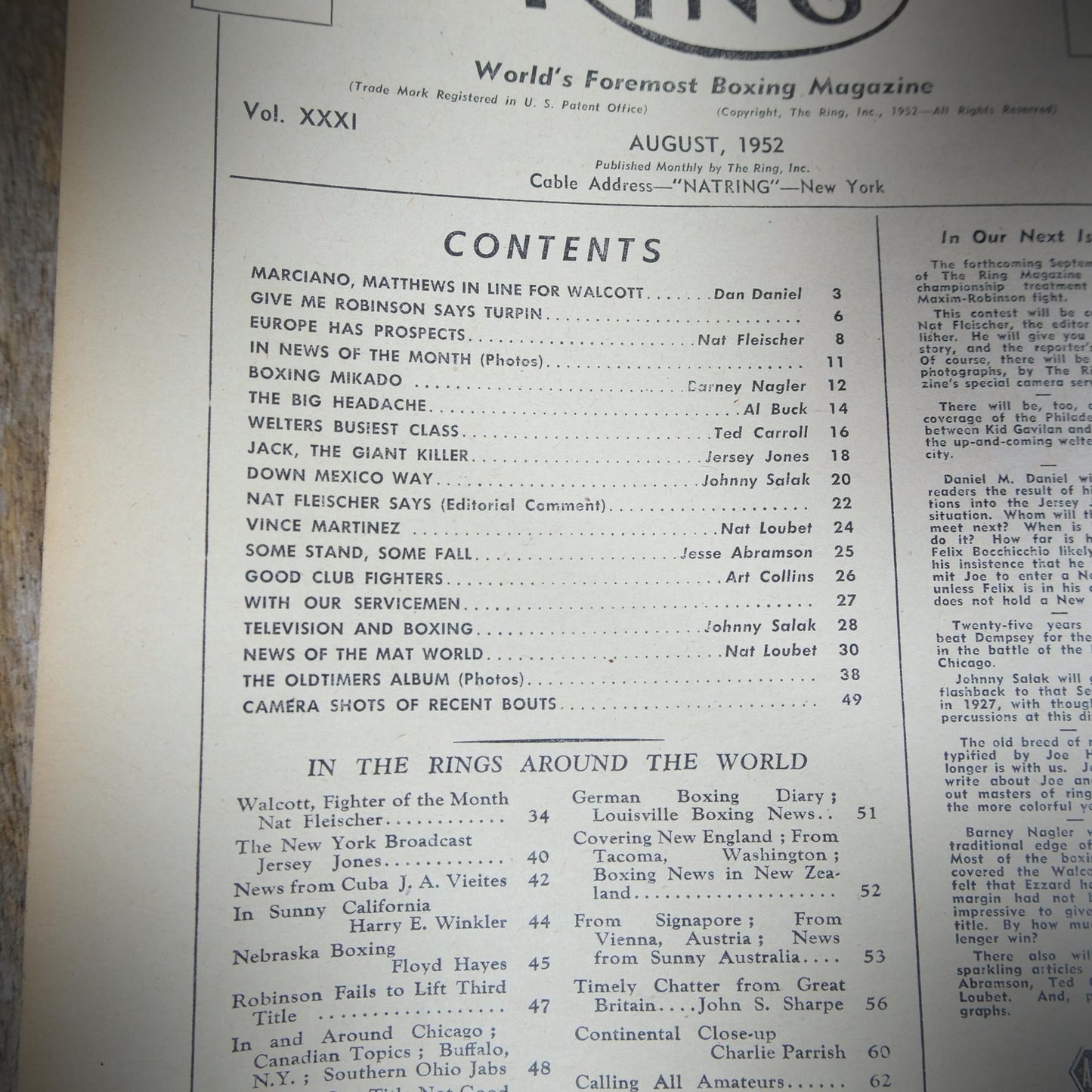 Vintage Boxing Magazine, The Ring, British, August 1952