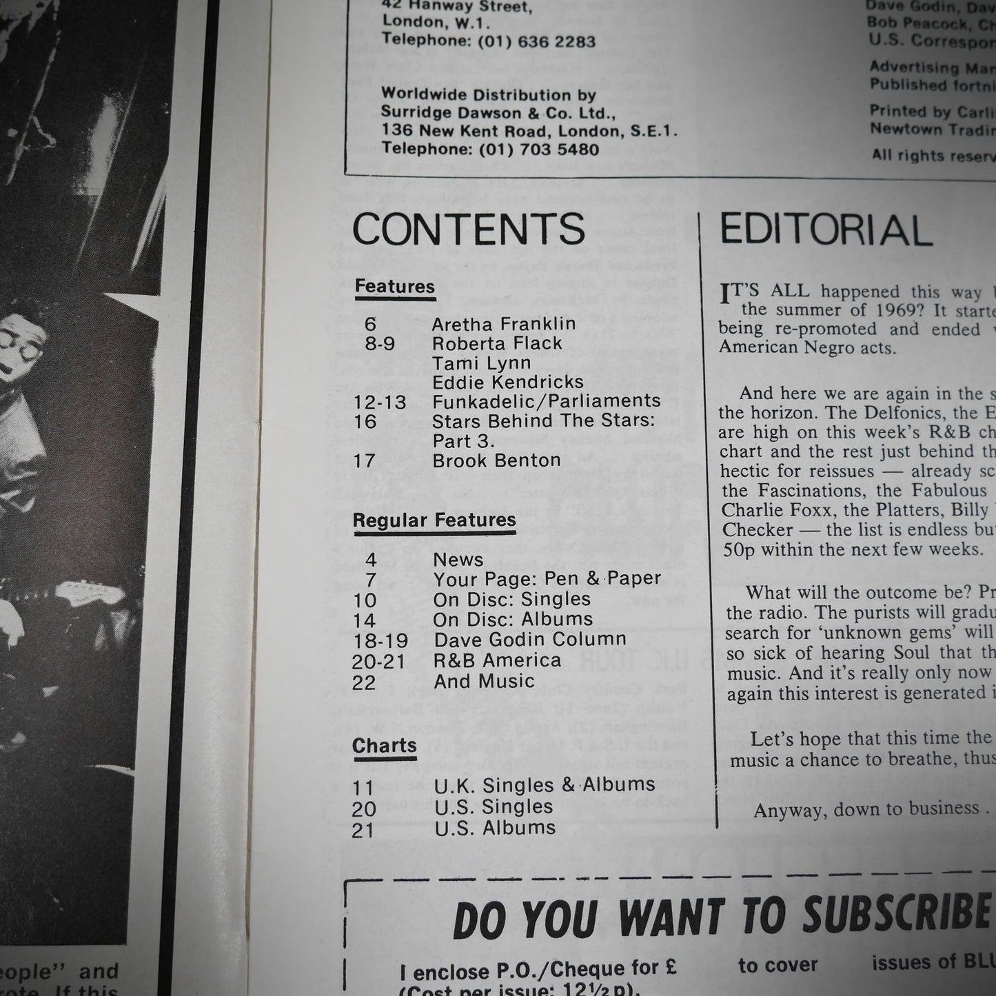 Vintage Magazine Back Issue, Blue & Soul #59 May 1971, Aretha Franklin, Roberta Flack, Ikettes, Eddie Kendricks