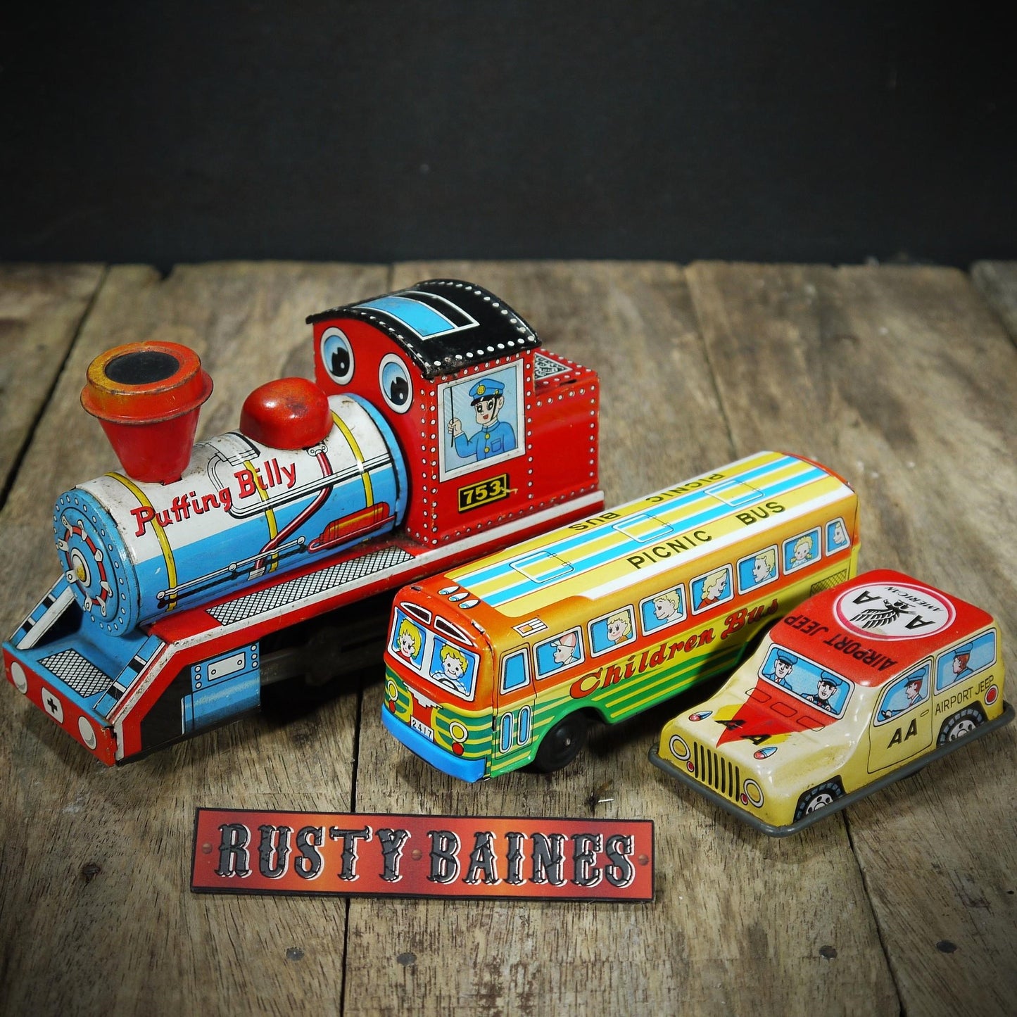 Bundle of Vintage Tinplate Toys, Japanese Puffing Billy Steam Train, Bus & Airport Jeep