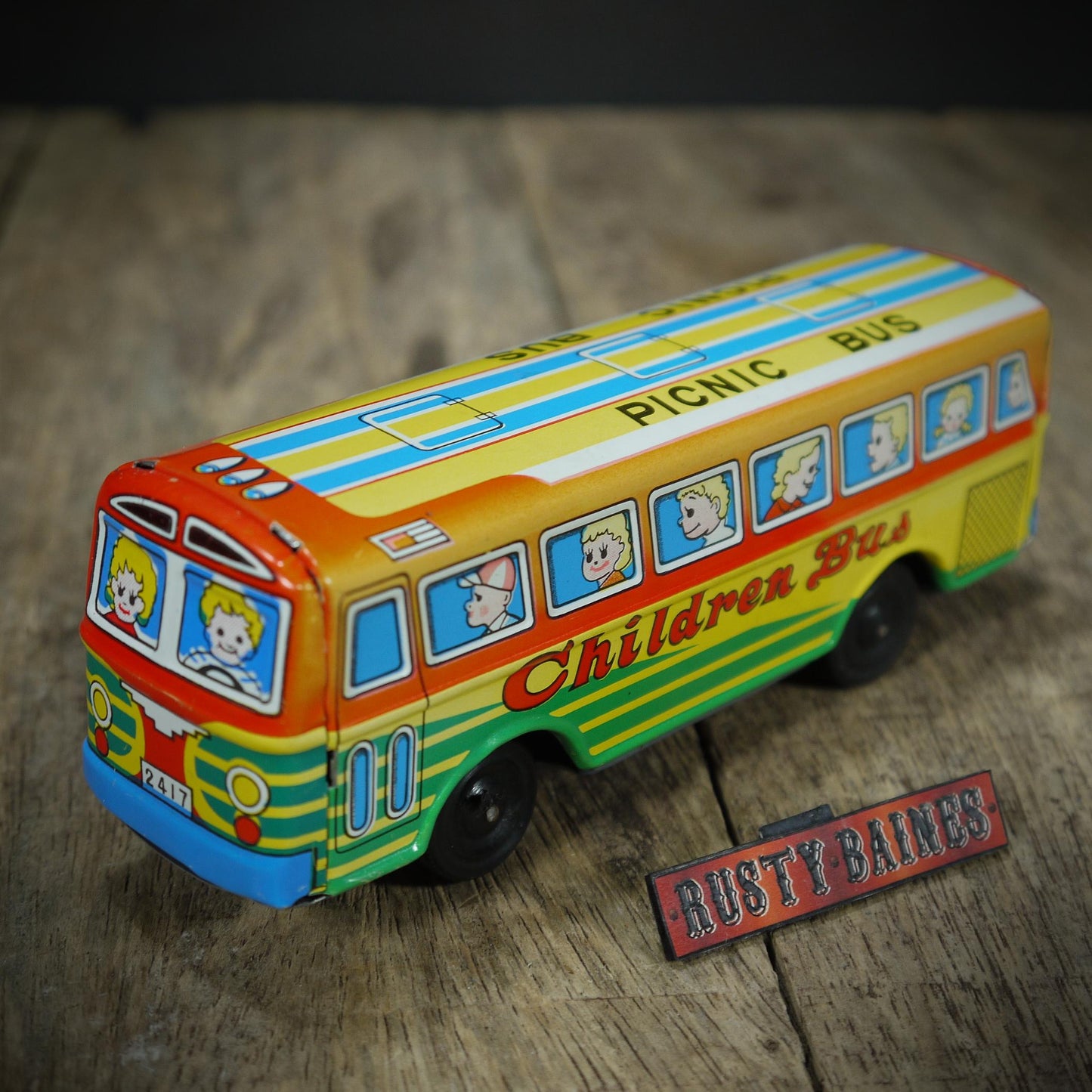 Bundle of Vintage Tinplate Toys, Japanese Puffing Billy Steam Train, Bus & Airport Jeep
