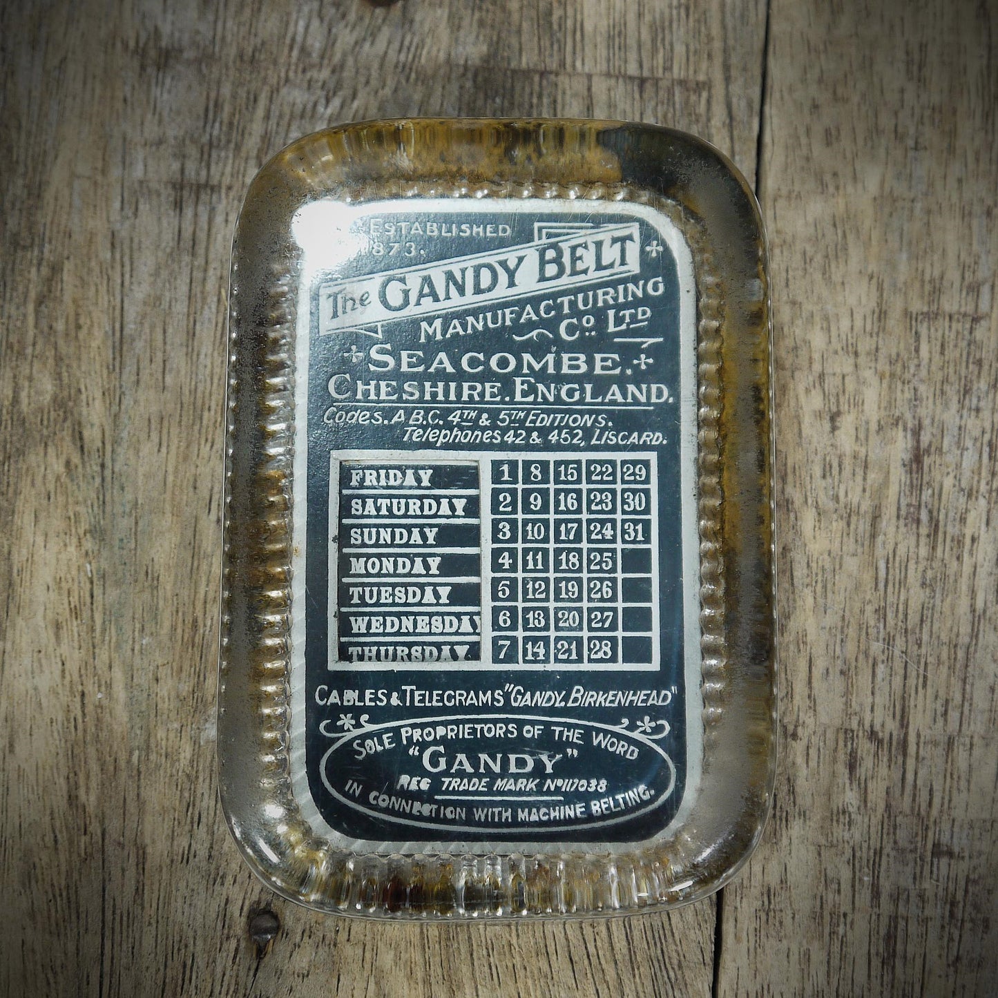 Vintage Glass Advertising Calendar Paperweight, Gandy Belt, Seacombe Cheshire