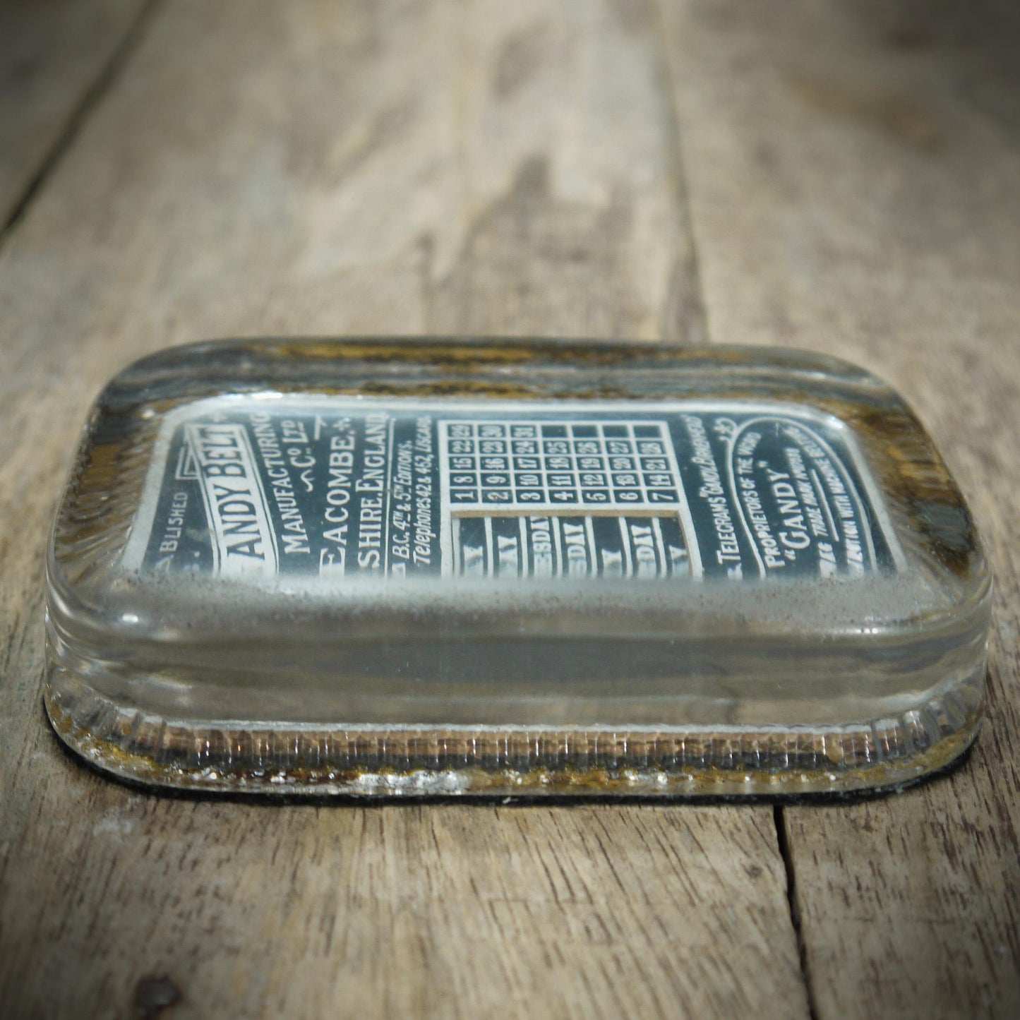 Vintage Glass Advertising Calendar Paperweight, Gandy Belt, Seacombe Cheshire