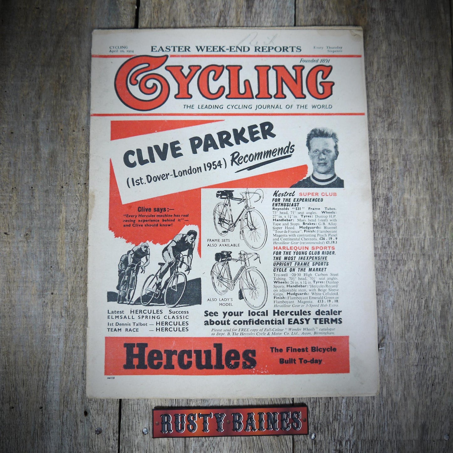 Cycling, Vintage Magazine April 22nd 1954, Clive Parker/Hercules Cover