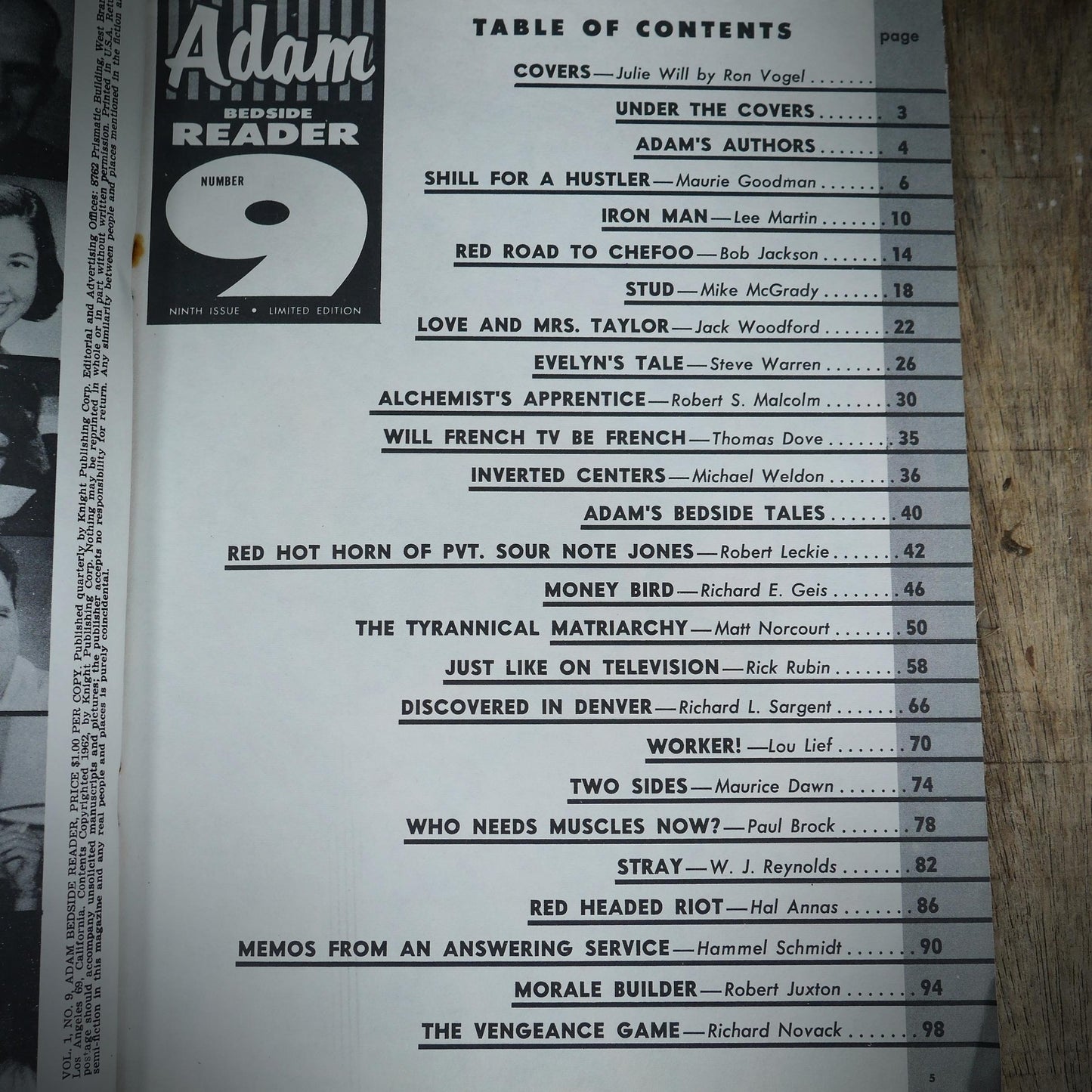 Vintage Back Issue U.S. Magazine, Adam Bedside Reader, Vol1 #9 1962 Men's Glamour Pin Up, Risqué Stories