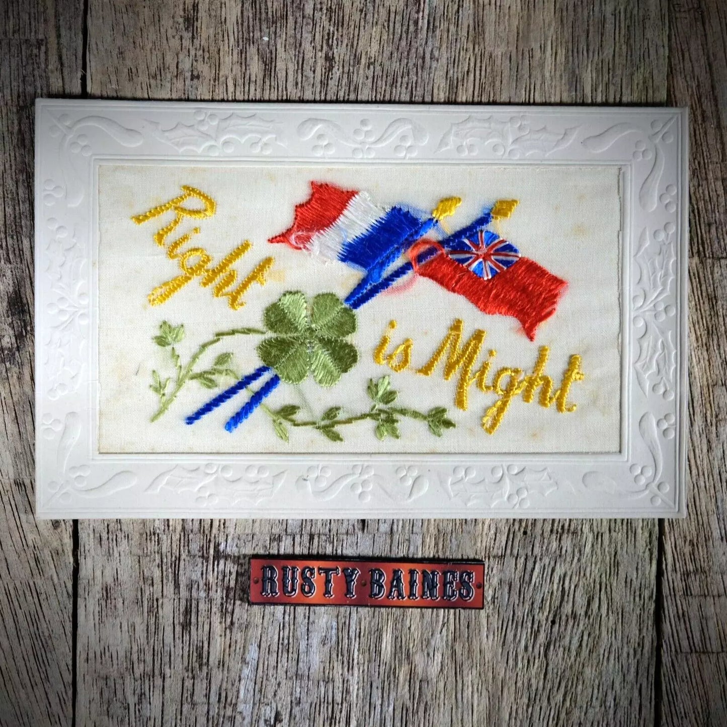 Postcard, WW1 Embroidered Silk, Flags Clover, Right is Might