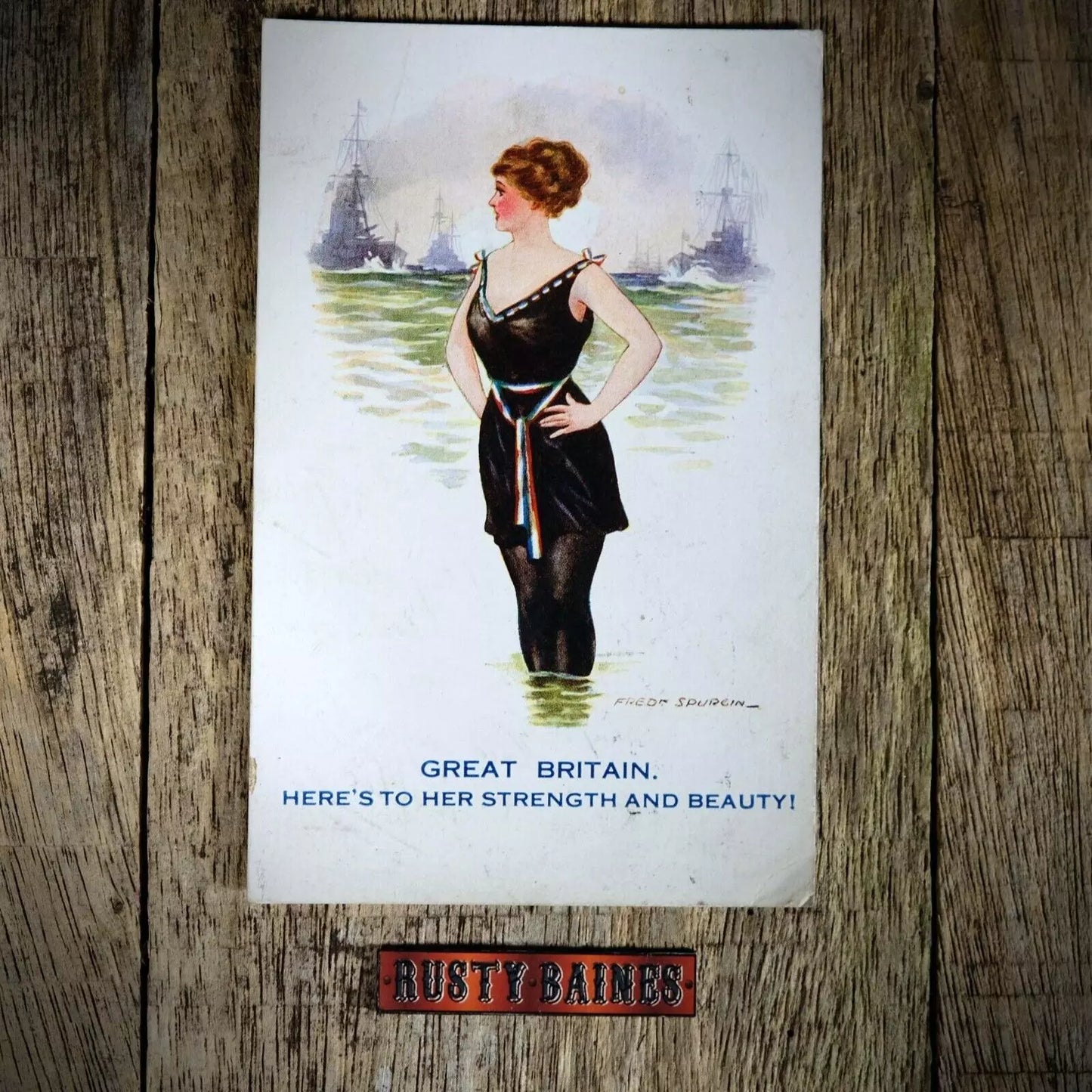 Postcard, Comic, Fred Spurgin, Patriotic WW1 Bathing Beauty Battleship