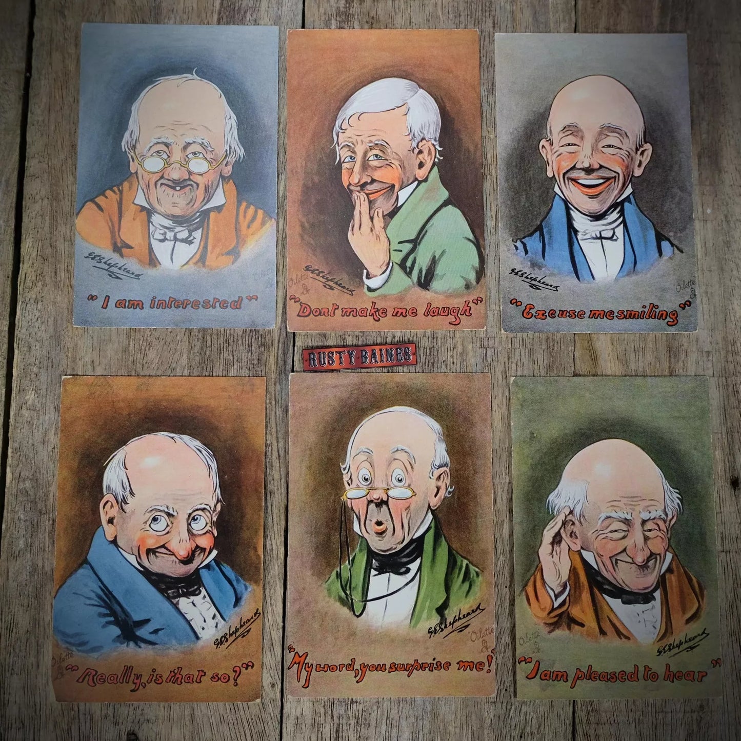 Postcards x6 Comic, Tuck Studies in Expression, G E Shepheard Bald Men