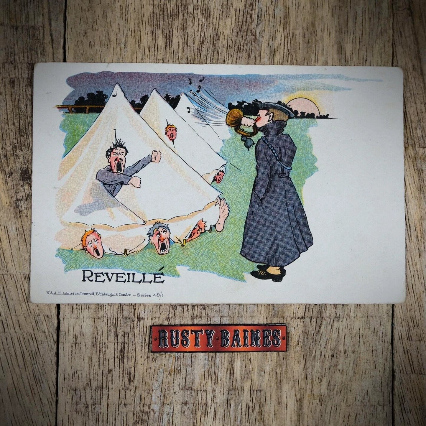 Postcard, Military Comic 1905, Reveille, Bugle Call, Tents Camping
