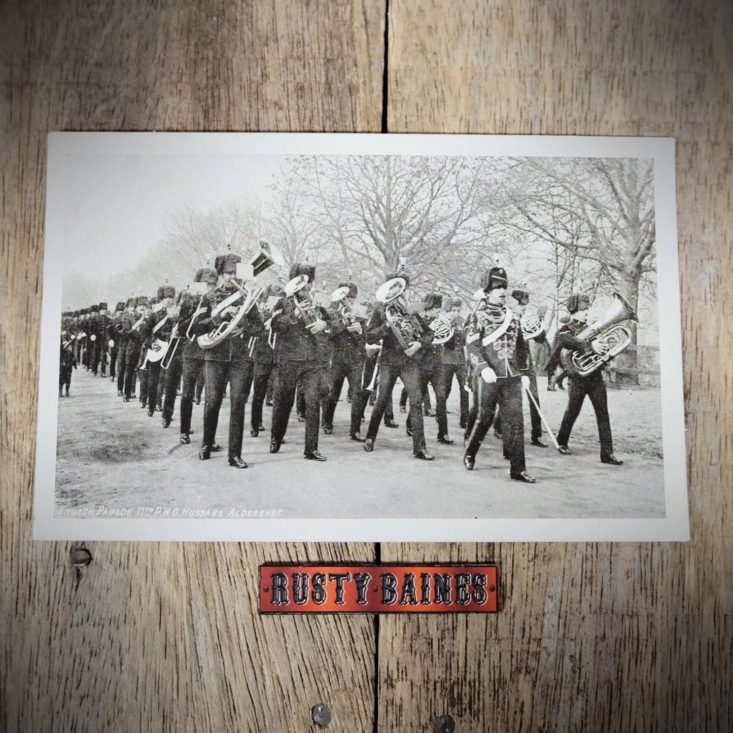 Postcard, Aldershot Church Parade, 11th P.W.O. Hussars