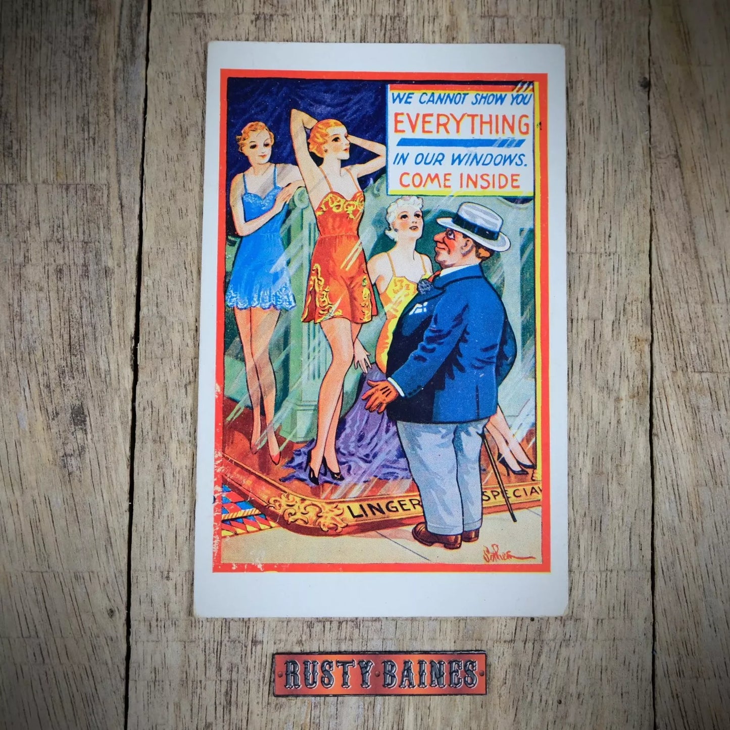 Postcard, Comic, Flapper Mannequin Window Display Lingerie Shop