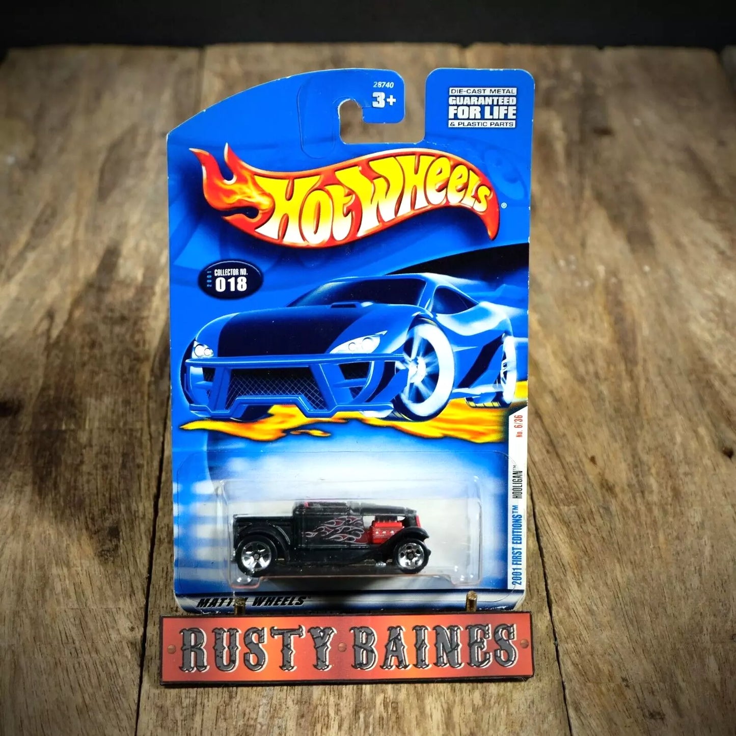 Hot Wheels, 2001 First Editions, Hooligan, Matt Black Hot Rod, Long Card