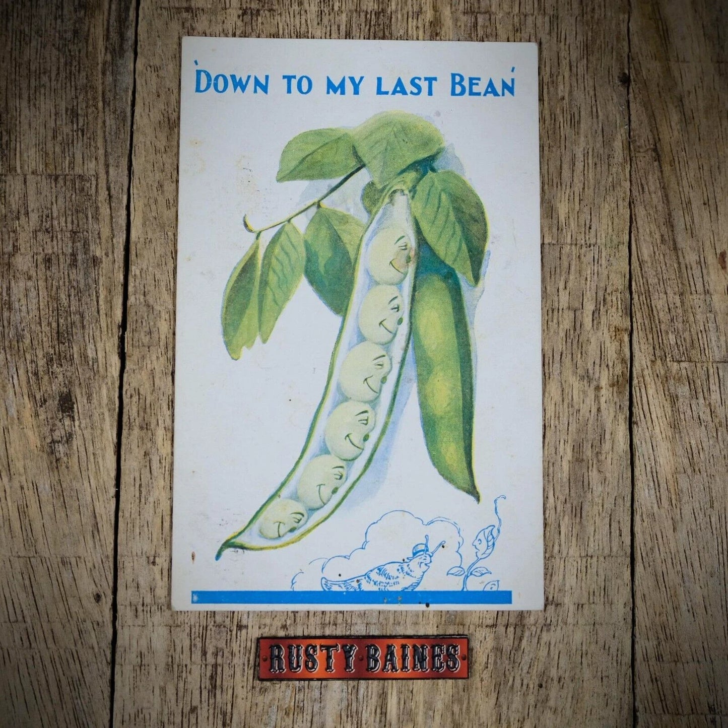 Postcard, Comic, Down to My Last Bean, Pea Pod Vegetable Snail
