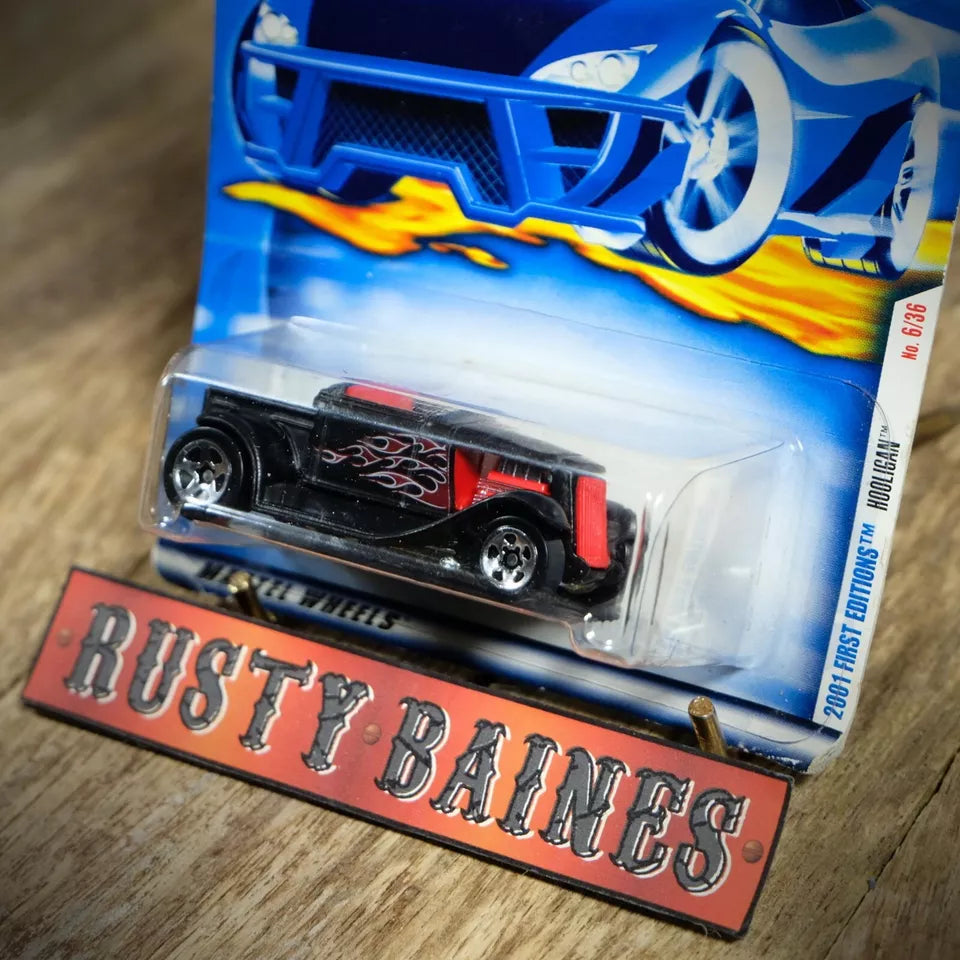 Hot Wheels, 2001 First Editions, Hooligan, Matt Black Hot Rod, Long Card