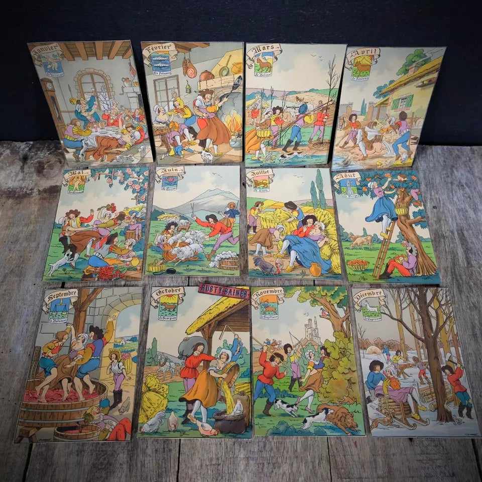 Postcards x12 Set of French Calendar, Farmer, Busty Maiden Innuendo