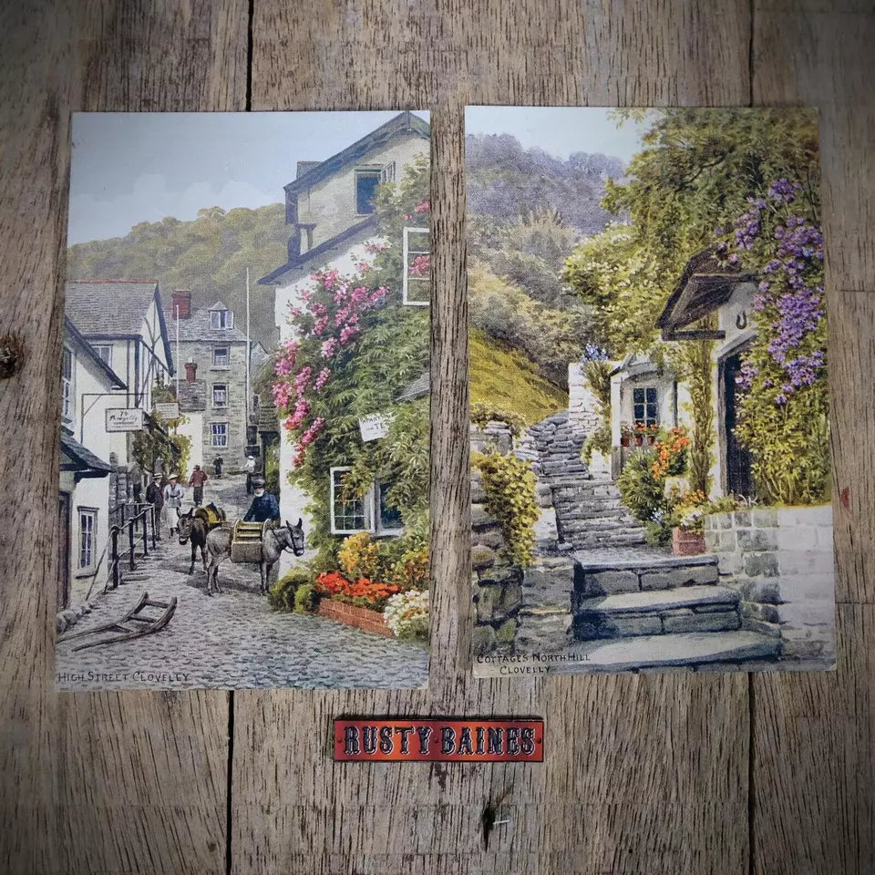 Postcards x2, J Salmon Art Cards, Clovelly Cottages & High Street