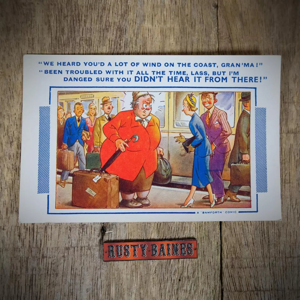Vintage Postcard, Bamforth Comic, Railway Station Chubby Lady Wind