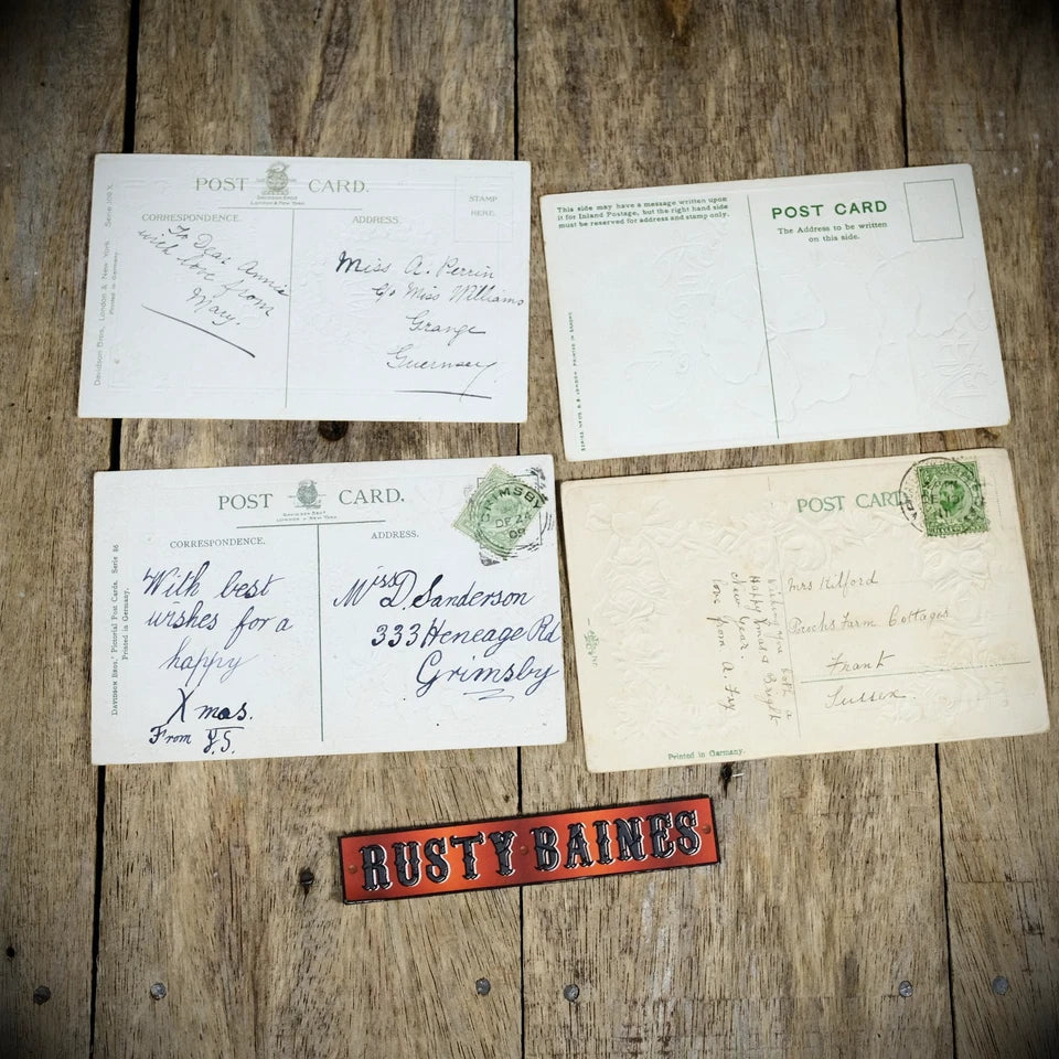 Bundle of Antique Postcards, Christmas Greetings x4, Chromo-Litho