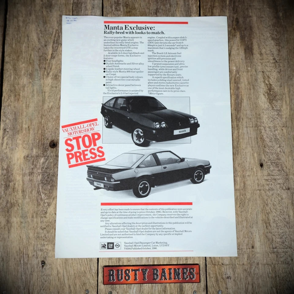 Sales Brochure, Vauxhall Opel Motorshow Mk2 Astra/Belmont, Manta, Carlton 1986