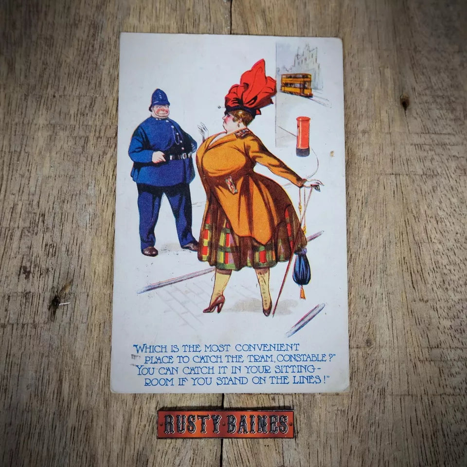 Postcard, Comic, Art & Humour, Buxom Woman & Policeman, Tram