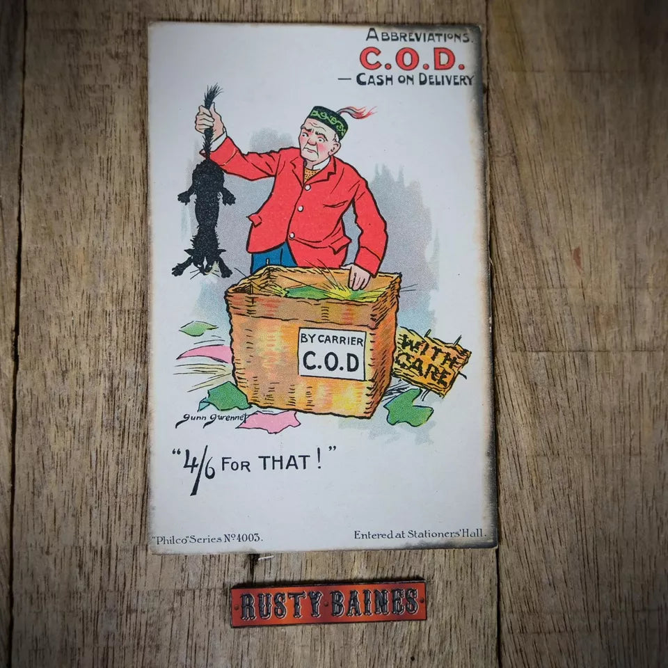 Postcard, Comic, Abbreviations, Cash on Delivery, Cat Skunk Parcel