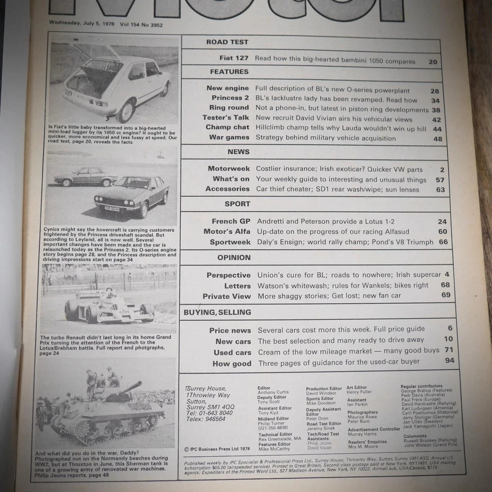 Vintage Back Issue Magazine Motor July 8 1978 Fiat 127, Austin Princess