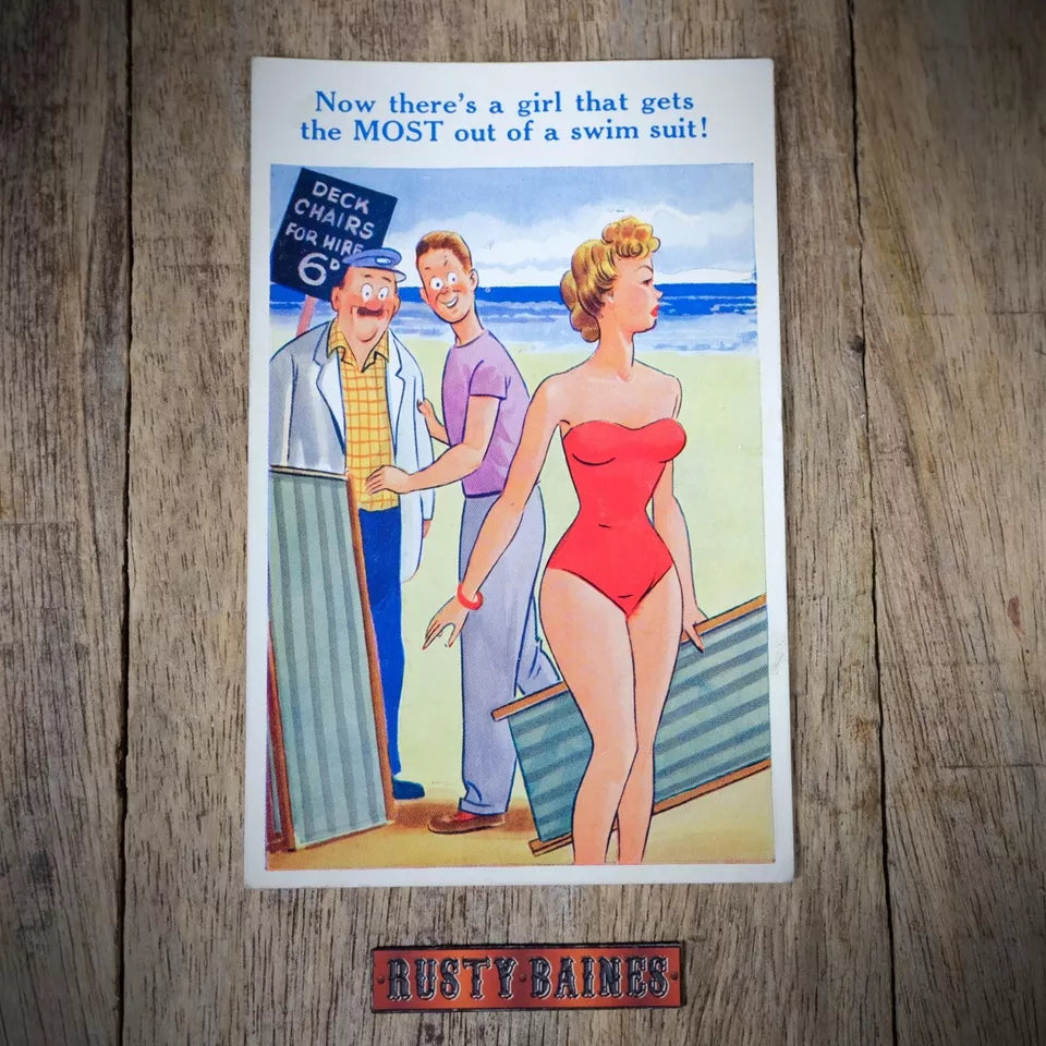 Vintage Comic Postcard, Swimsuit Beauty Girl, Seaside Deck Chair Hire