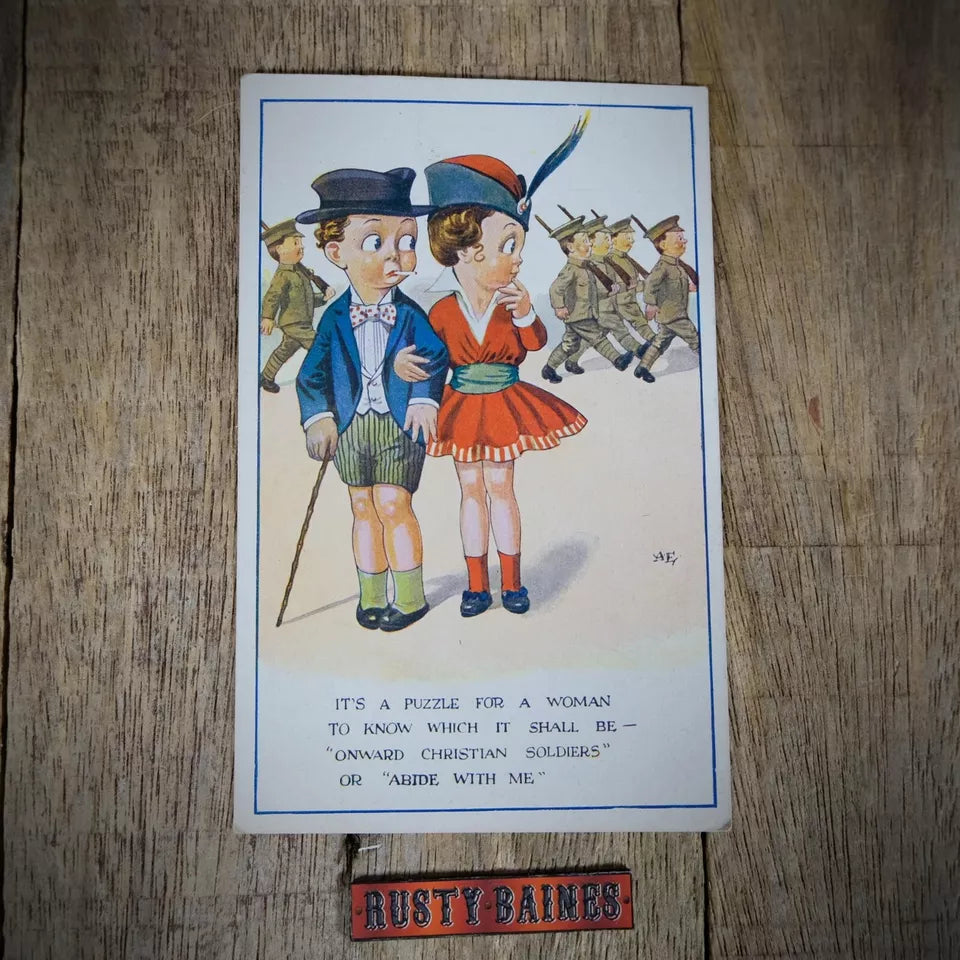 Vintage Postcard, Comic, Marching Soldiers, WW1 Era, Abide with Me