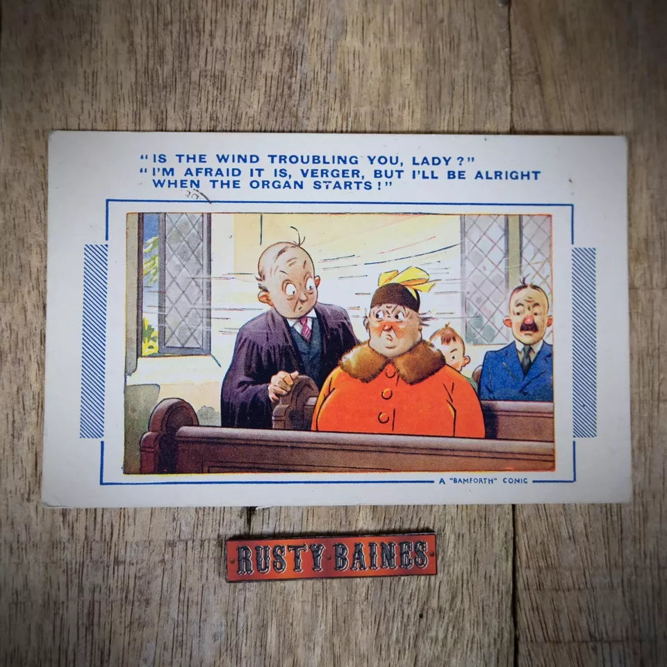 Vintage Postcard, Bamforth, Trapped Wind in Church
