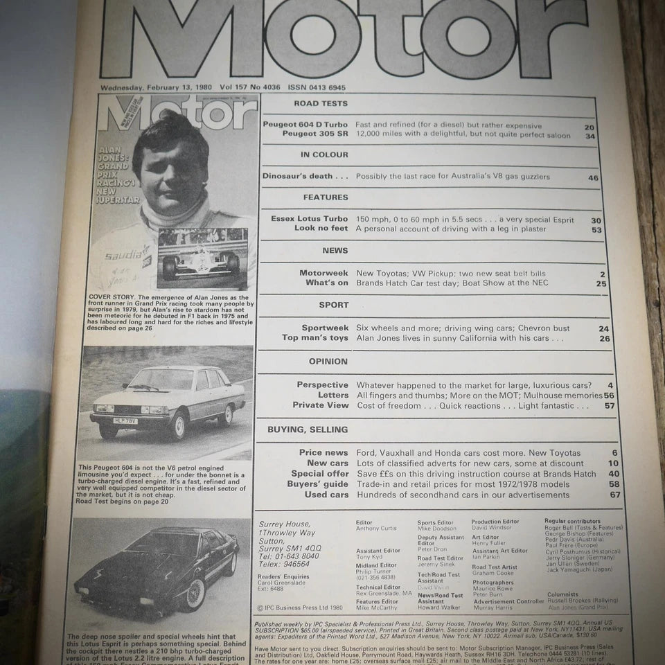 Back Issue Magazine Motor February 16 1980 Lotus Espirit, Peugeot 604 D Turbo