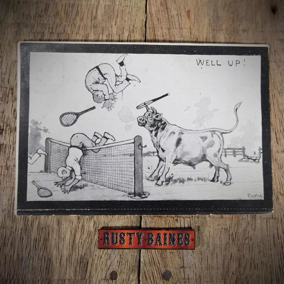 Postcard, Comic, Pinkis, Tennis Players Attacked by Bull