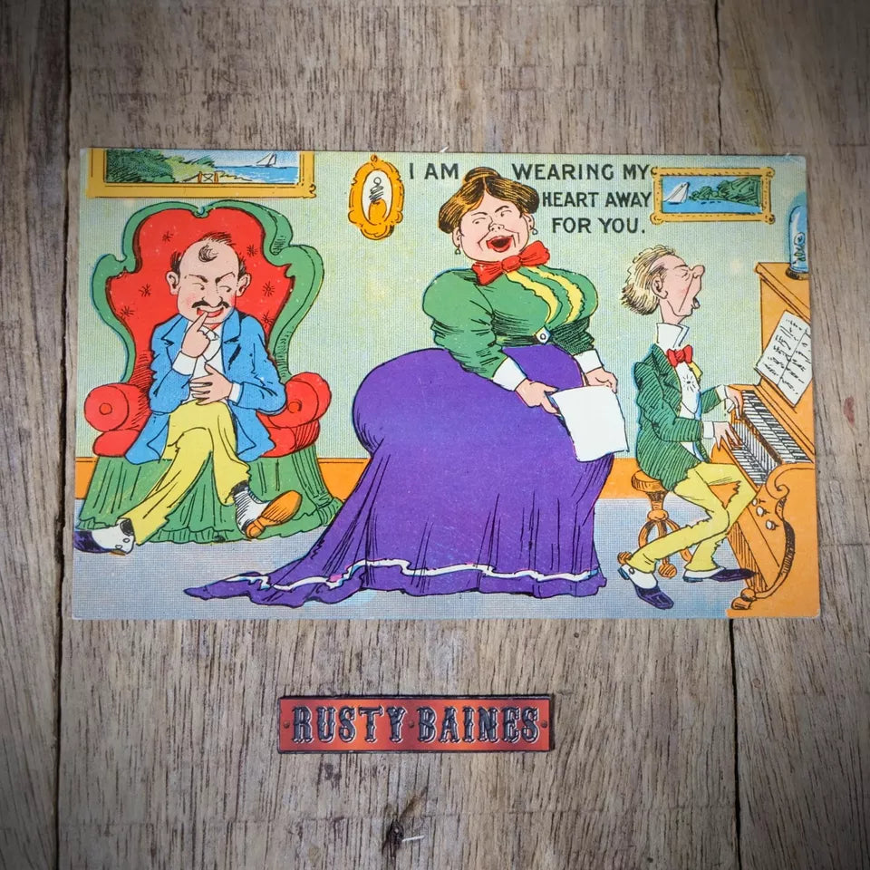 Vintage Comic Postcard, Home Piano Concerto, Plump Lady Singer