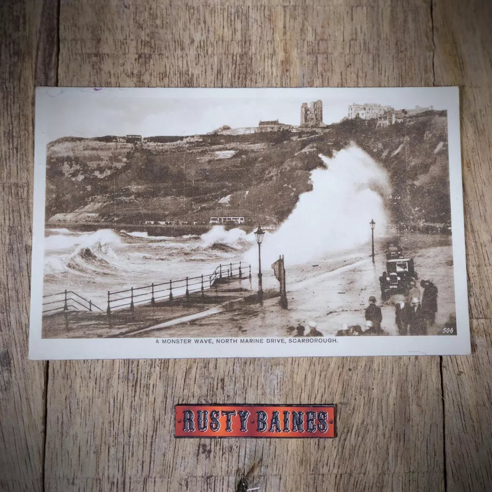 Antique Postcard, Scarborough Huge Wave Storm, Vintage Car, Printed