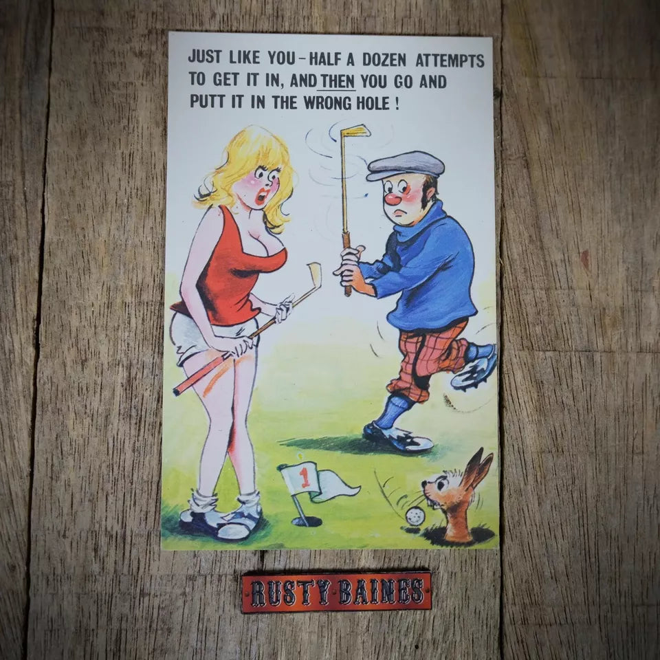 Vintage Postcard, Comic, Rubbish Golfer, Sexual Innuendo Busty Girl