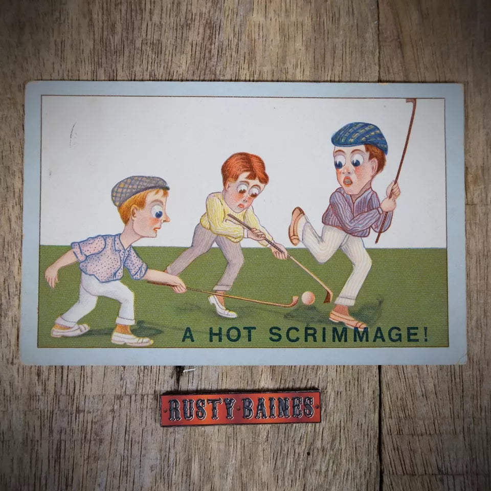 Antique Postcard, Comic, Big Eye Caricature Golfers, Chromo
