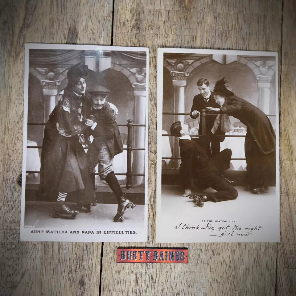 Postcards x2 Comic Real Photo, Roller Skating Theatrical Fancy Dress