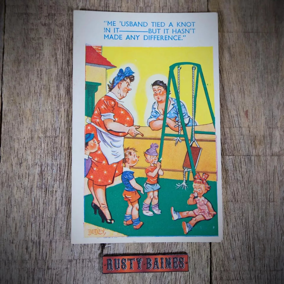 Vintage Postcard, Comic, Tie a Not in it, Large Family, Broken Swing